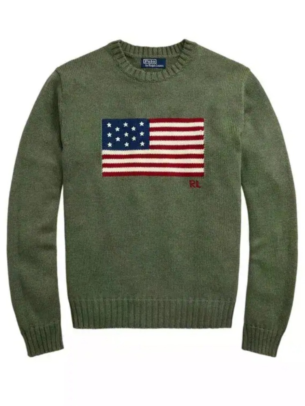 Polo Ralph Lauren Flag-Embroidered Crewneck Sweater in Olive Green